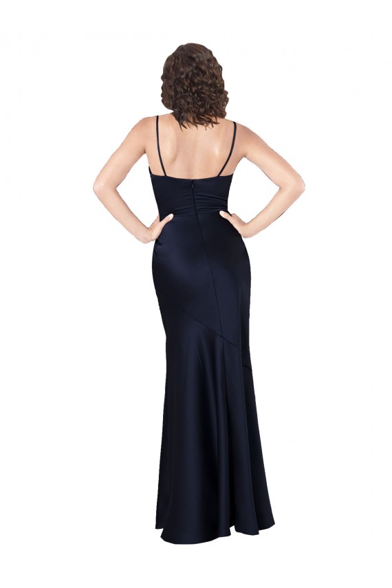 A-Line Cowl Neck Silk like Satin Long Dark Navy Black Tie Prom Dress Canada