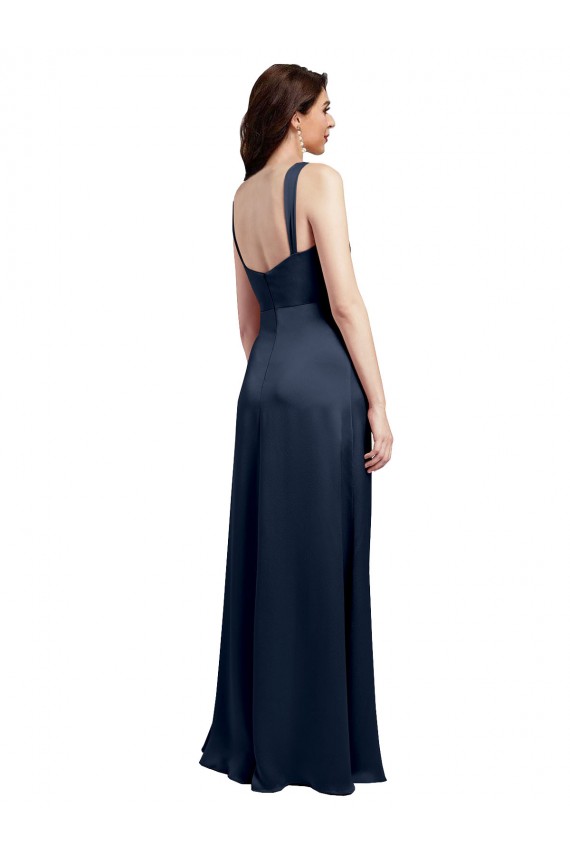 A-Line Cowl Neck Stretch Satin Long Dark Navy Prom Dress Canada