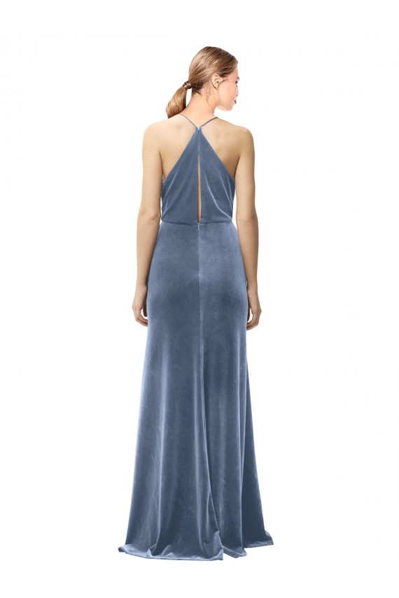 A-Line Cowl Neck Stretch Velvet Long Dusty Blue Prom Dress Canada