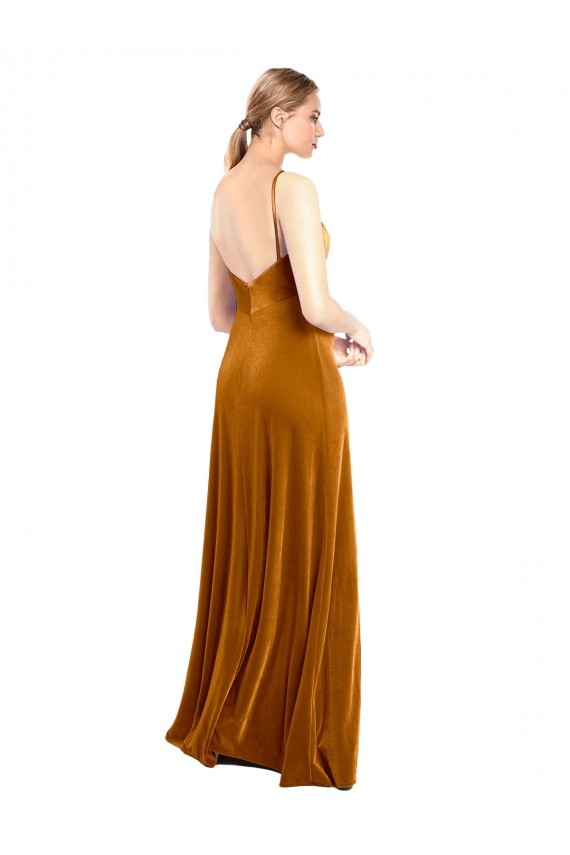 A-Line Cowl Neck Stretch Velvet Long Gold Prom Dress Canada