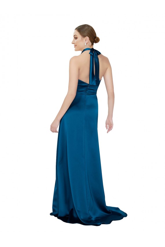 A-Line Halter Neck Silk like Satin Long Peacock Blue Prom Dress Canada