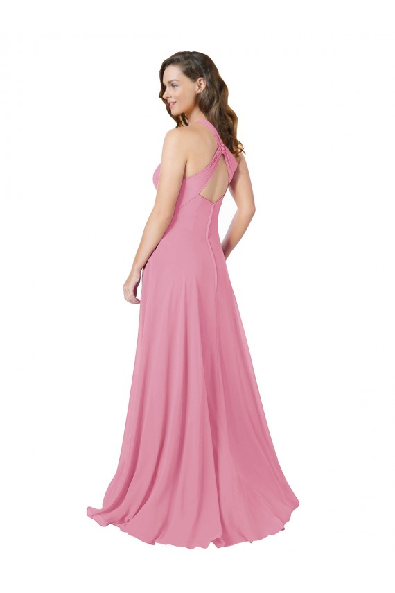 A-Line Halter Neck Soft Chiffon Long Skin Pink Prom Dress Canada