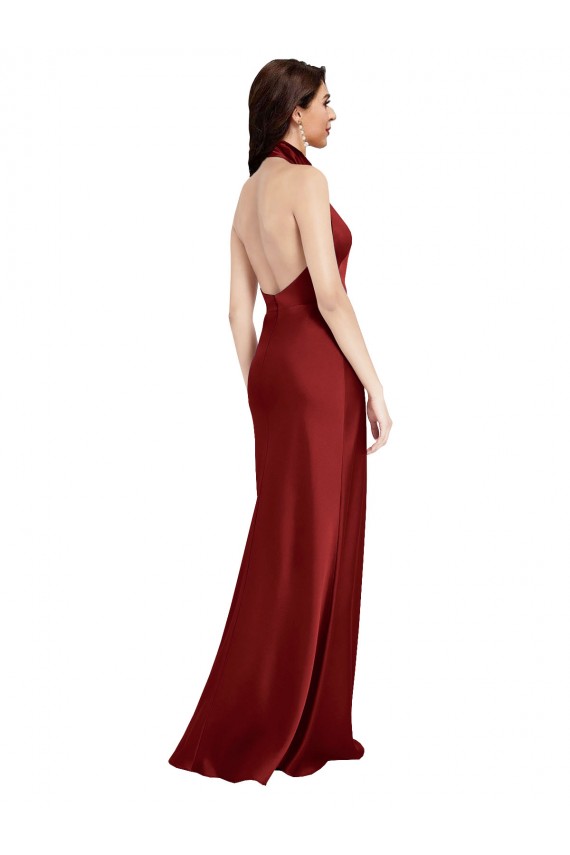 A-Line Halter Neck Stretch Satin Long Burgundy Black Tie Prom Dress Canada