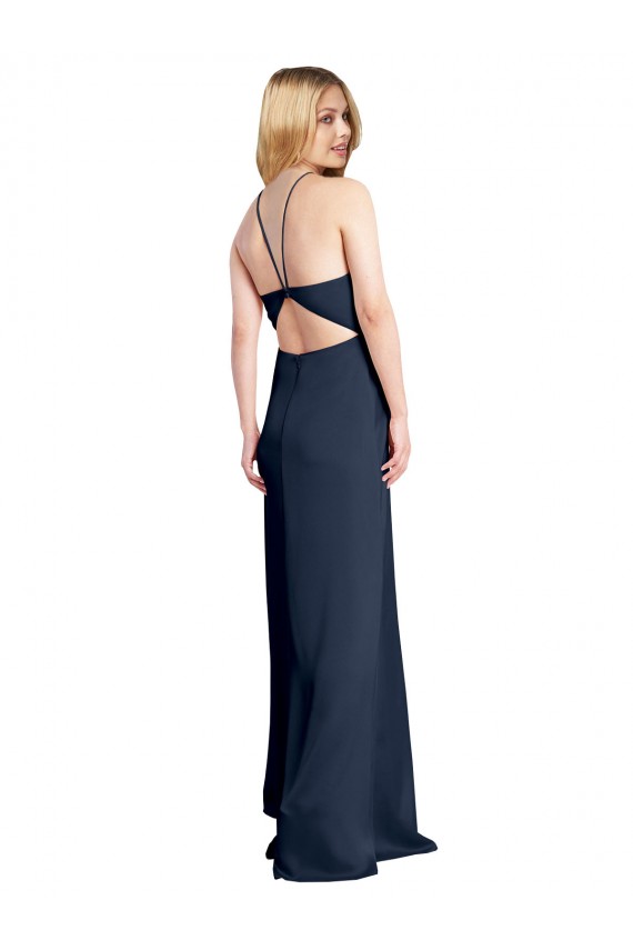 A-Line Halter Neck Stretch Satin Long Dark Navy Sleeveless Prom Dress Canada