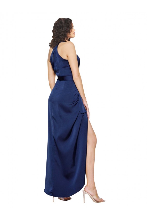 A-Line High Neck Silk like Satin Long Sapphire High Low Prom Dress Canada