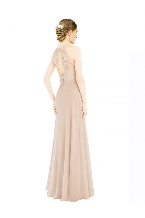 A-Line High Neck Soft Chiffon & Lace Long Champagne Prom Dress Canada