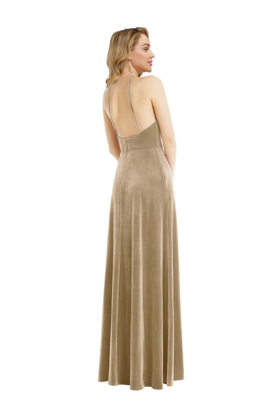 A-Line High Neck Stretch Velvet Long Champagne Prom Dress Canada