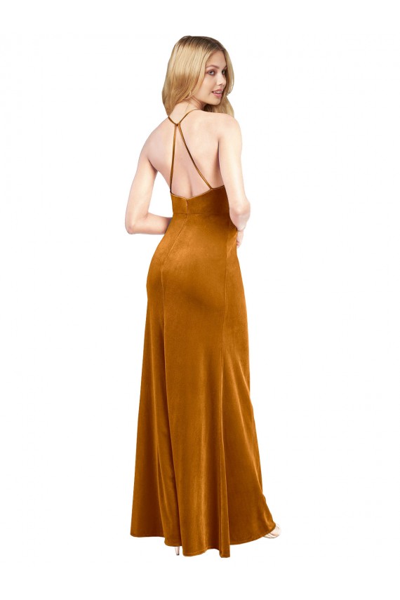 A-Line High Neck Stretch Velvet Long Gold Prom Dress Canada