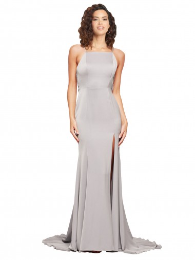A-Line High Neck Stretch Satin Sweep Train Prom Dress Canada