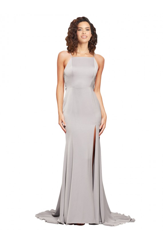 A-Line High Neck Stretch Satin Sweep Train Prom Dress Canada