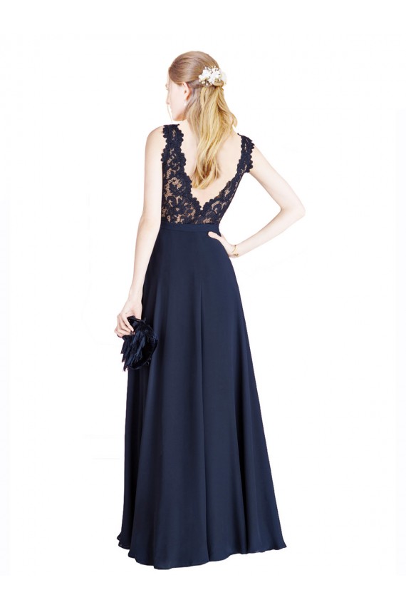 A-Line Illusion Neck Soft Chiffon & Lace Long Dark Navy Prom Dress Canada