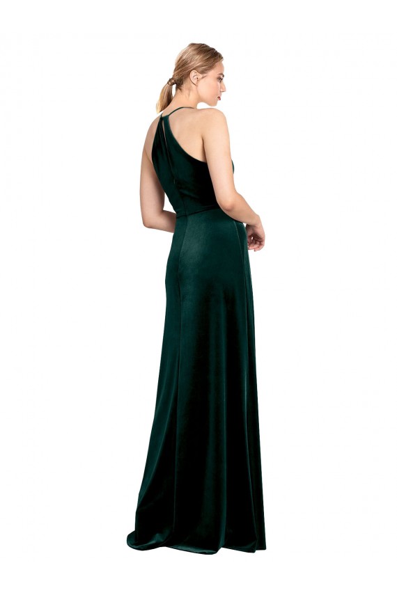 A-Line Jewel Neck Stretch Velvet Long Dark Green Prom Dress Canada