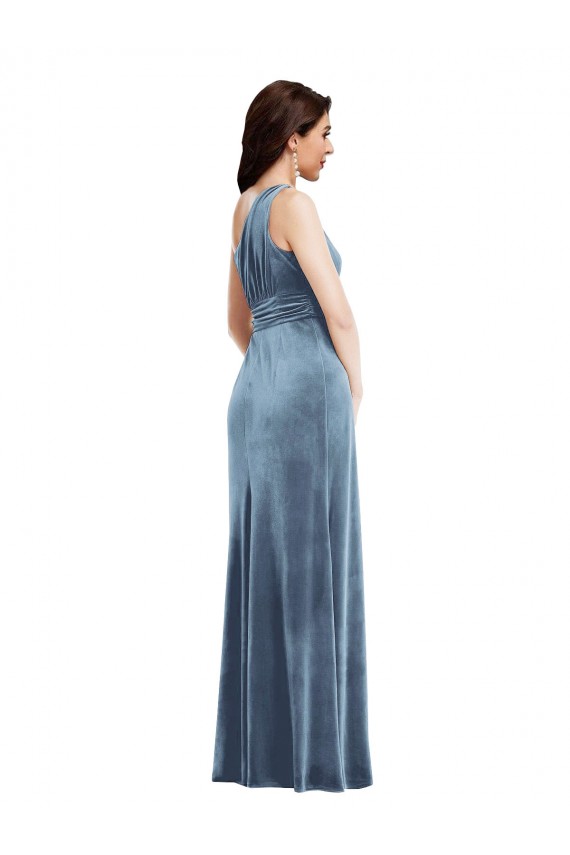 A-Line Off the Shoulder Stretch Velvet Long Dusty Blue Sleeveless Prom Dress Canada