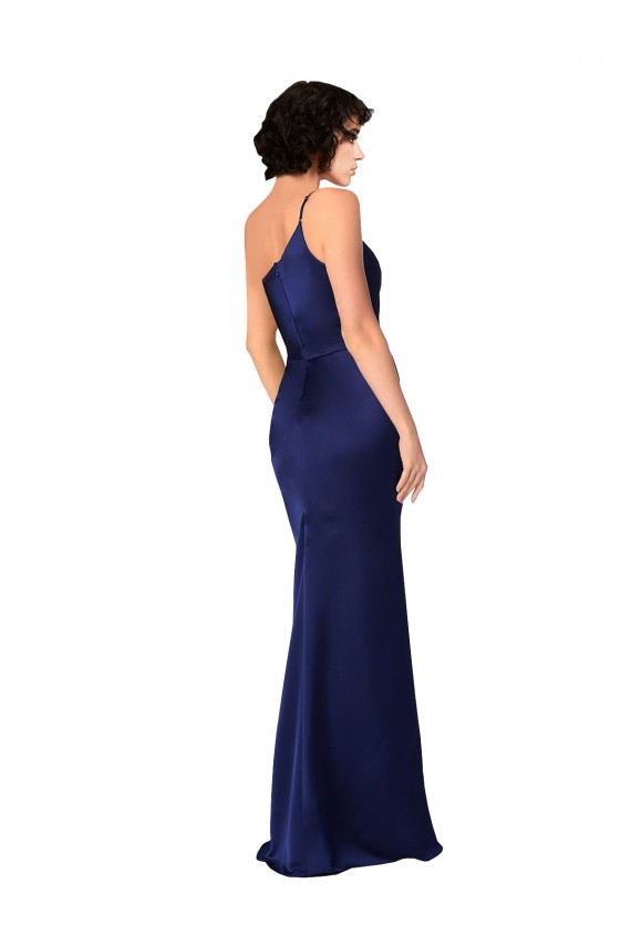 A-Line One Shoulder Silk like Satin Long Sapphire Black Tie Prom Dress Canada