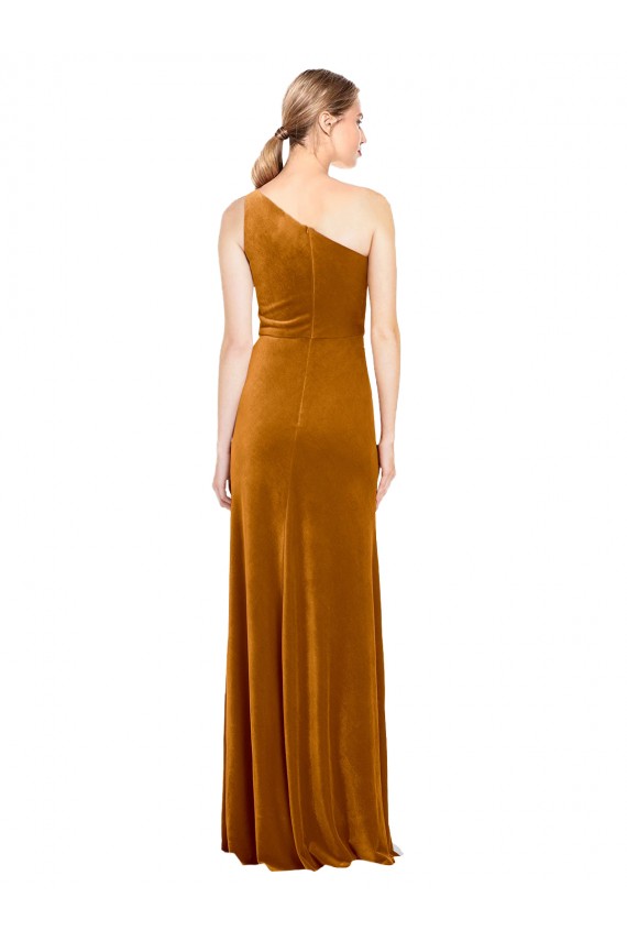 A-Line One Shoulder Stretch Velvet Long Gold Prom Dress Canada