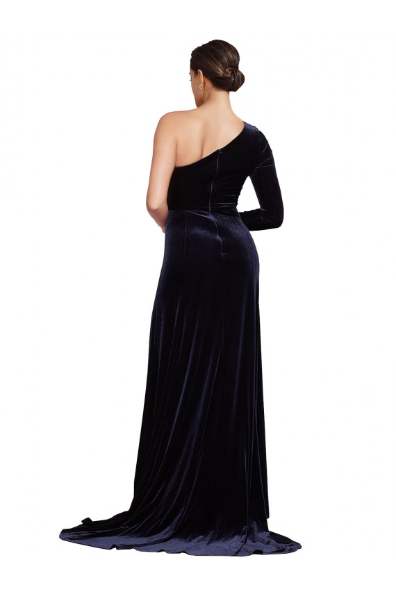 A-Line One Shoulder Stretch Velvet Sweep Train Dark Navy Prom Dress Canada