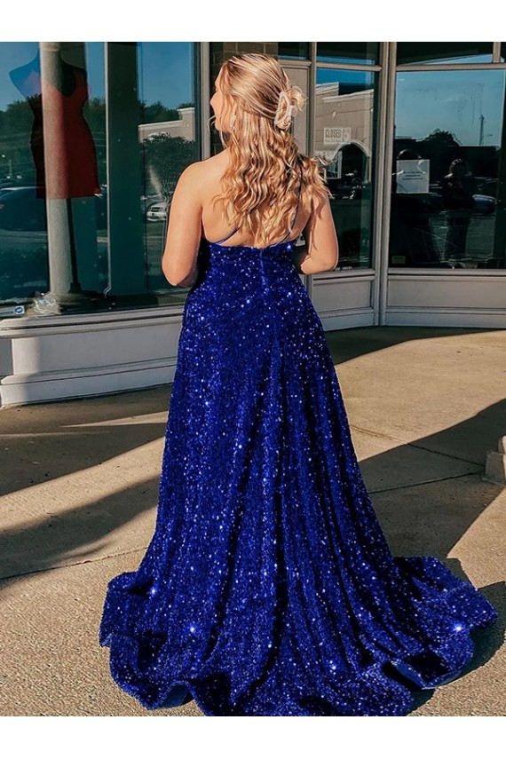 A-Line One Shoulder Velvet Sequins Sweep Train Royal Blue Velvet Sequin Prom Dress Canada