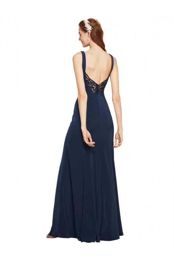 A-Line Round Neck Stretch Crepe Long Dark Navy Prom Dress Canada