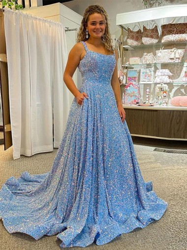 A-Line Scoop Neck Velvet Sequins Court Train Velvet Sequin Prom Dress Canada