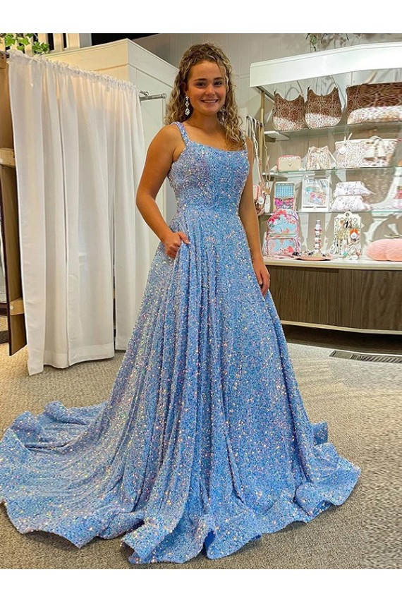 A-Line Scoop Neck Velvet Sequins Court Train Velvet Sequin Prom Dress Canada