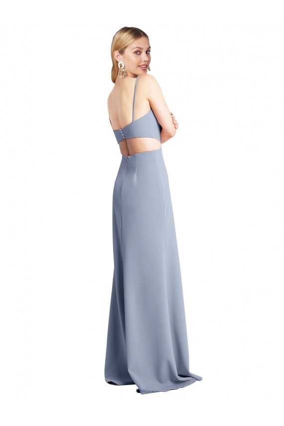 A-Line Scoop Neck Stretch Crepe Long Smoke Blue Prom Dress Canada