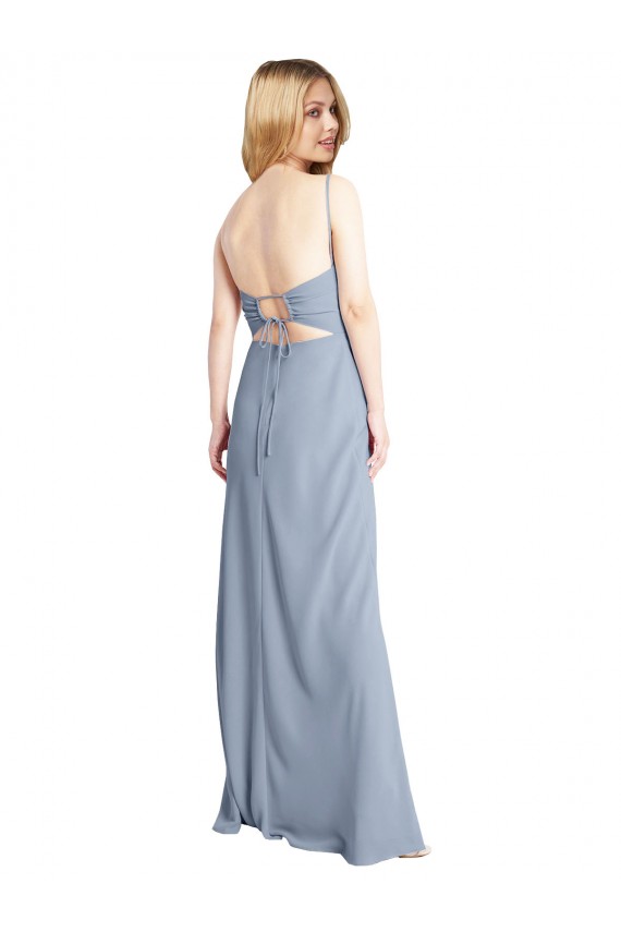 A-Line Square Neck Stretch Crepe Long Smoke Blue Prom Dress Canada