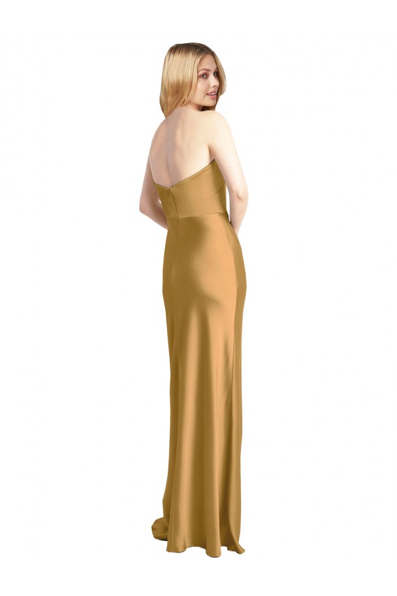 A-Line Strapless Stretch Satin Long Gold Prom Dress Canada