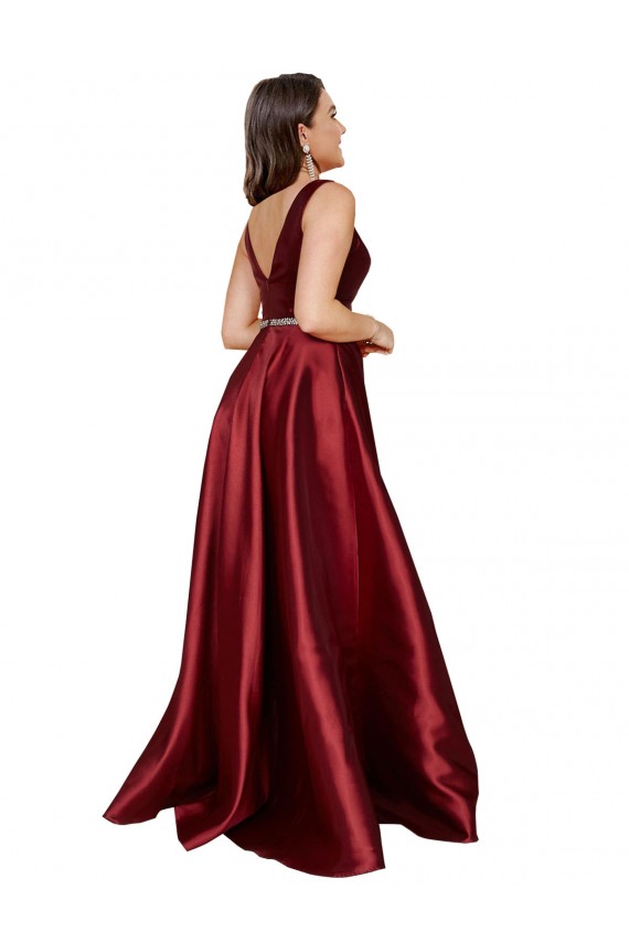 A-Line V-Neck Satin Long Burgundy Plus Size Formal Prom Dress Canada
