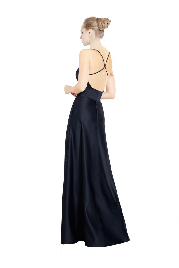 A-Line Spaghetti Straps Satin Long Dark Navy Prom Dress Canada