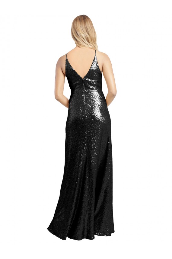 A-Line Spaghetti Straps Sequin Long Black Prom Dress Canada