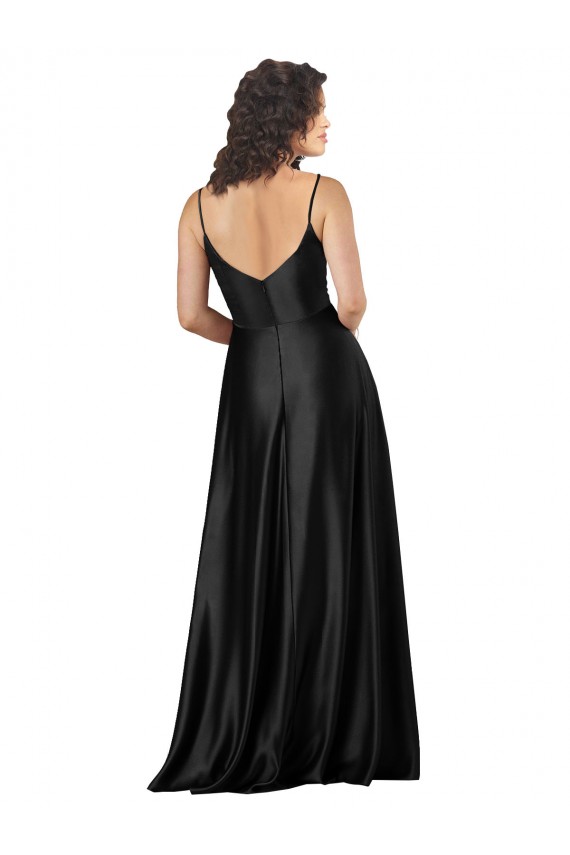 A-Line V-Neck Silk like Satin Long Black Sleeveless Prom Party Dress Canada