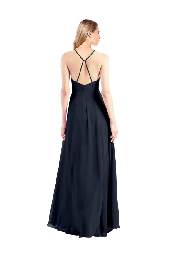 A-Line V-Neck Soft Chiffon Long Dark Navy Prom Dress Canada