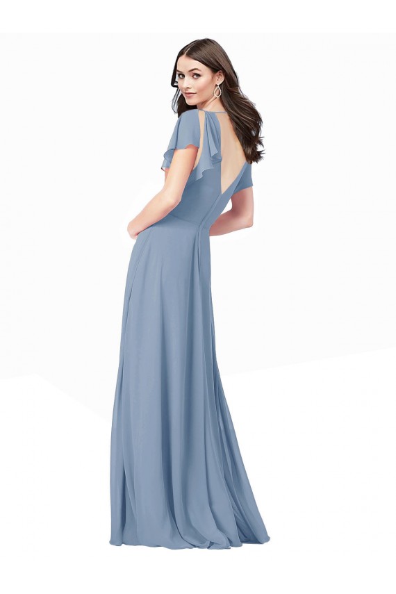 A-Line V-Neck Soft Chiffon Long Dusty Blue Black Tie Prom Dress Canada