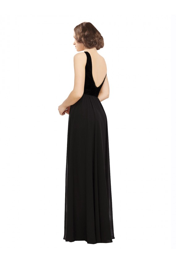 A-Line V-Neck Soft Chiffon & Velvet Long Black Prom Dress Canada