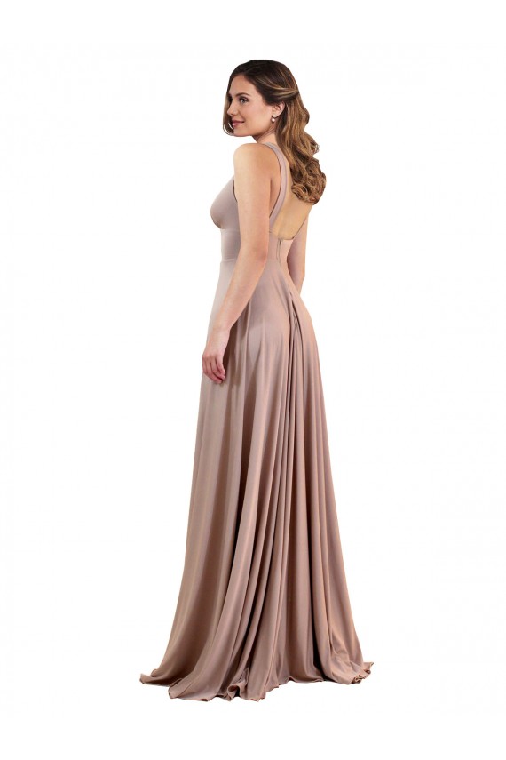 A-Line V-Neck Spandex Long Dusty Pink Black Tie Prom Dress Canada