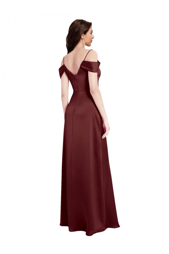A-Line Off the Shoulder Stretch Satin Long Burgundy Gold Prom Dress Canada