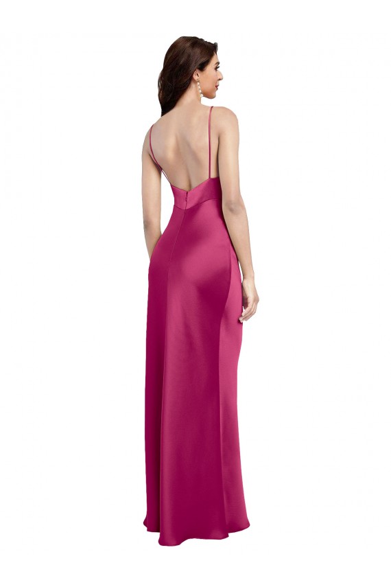A-Line V-Neck Stretch Satin Long Fuchsia Prom Dress Canada