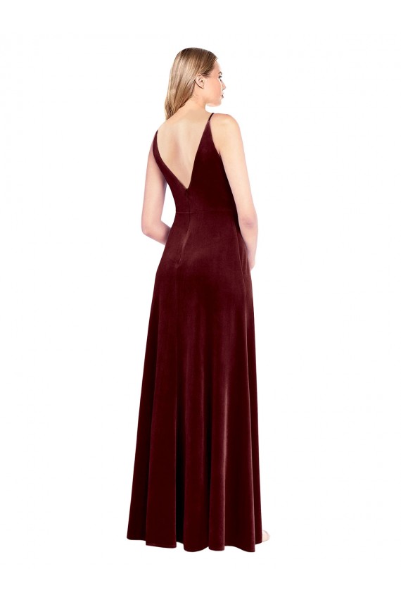 A-Line V-Neck Stretch Velvet Long Burgundy Black Tie Prom Dress Canada