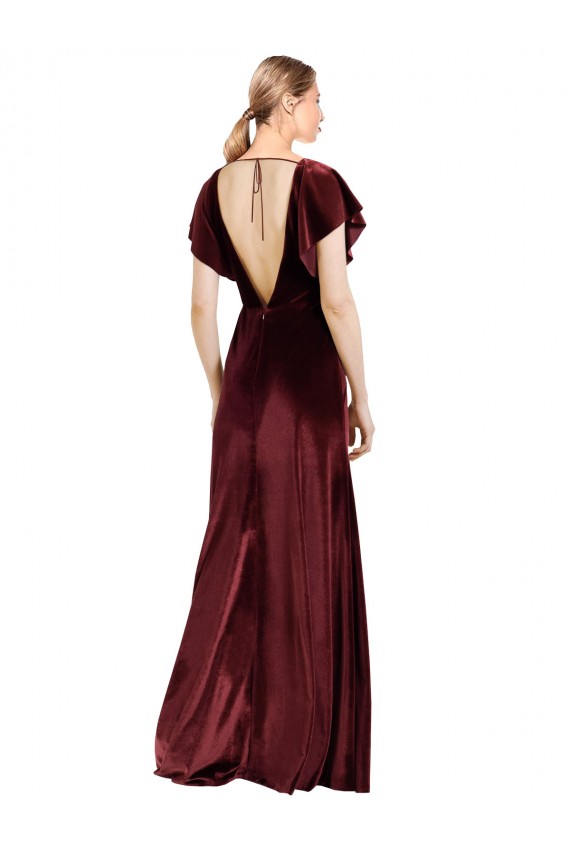 A-Line V-Neck Stretch Velvet Long Burgundy Flutter Sleeves Prom Dress Canada