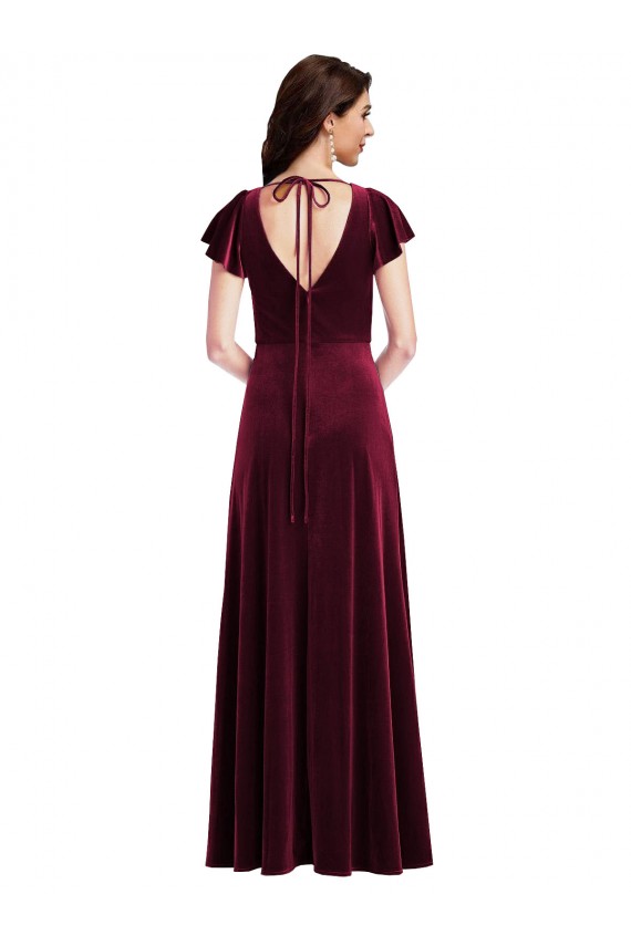 A-Line V-Neck Stretch Velvet Long Burgundy Flutter Sleeves Prom Party Dress Canada