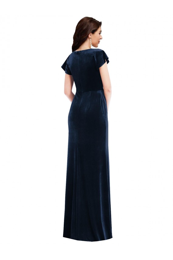 A-Line V-Neck Stretch Velvet Long Dark Navy Flutter Sleeves Prom Dress Canada