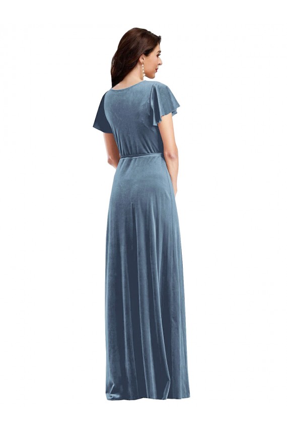 A-Line V-Neck Stretch Velvet Long Dusty Blue Black Tie Prom Dress Canada