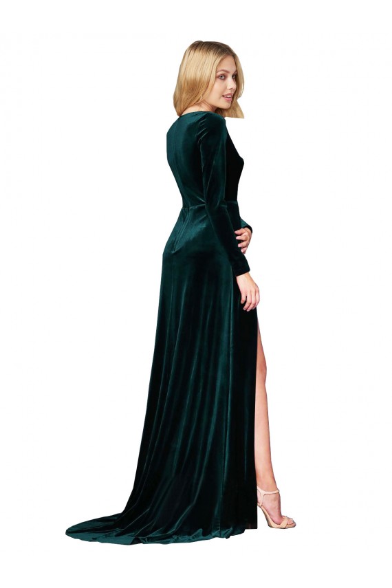A-Line V-Neck Stretch Velvet Sweep Train Dark Green Black Tie Prom Dress Canada