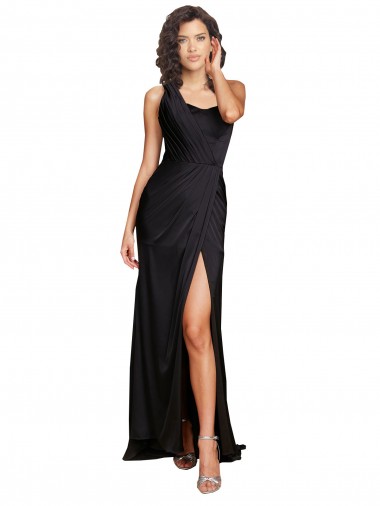 A-Line One Shoulder Silk like Satin Long Black Prom Dress Canada