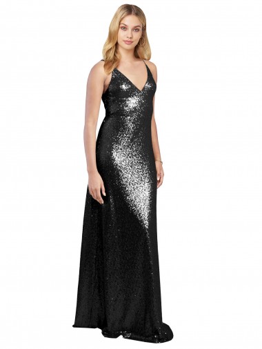 A-Line Spaghetti Straps Sequin Long Black Prom Dress Canada