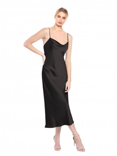 A-Line Cowl Neck Stretch Satin Midi Length Black Prom Dress Canada