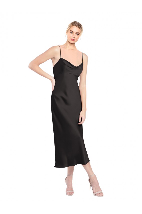 A-Line Cowl Neck Stretch Satin Midi Length Black Prom Dress Canada