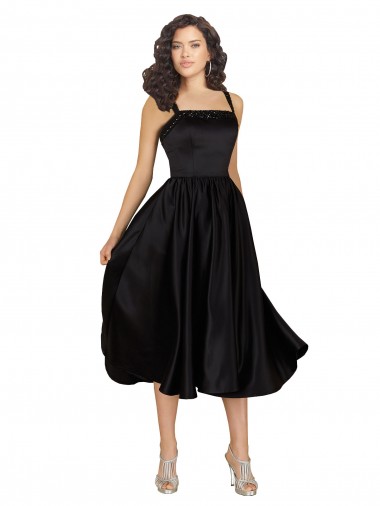 A-Line Square Neck Satin Knee Length Black Prom Dress Canada