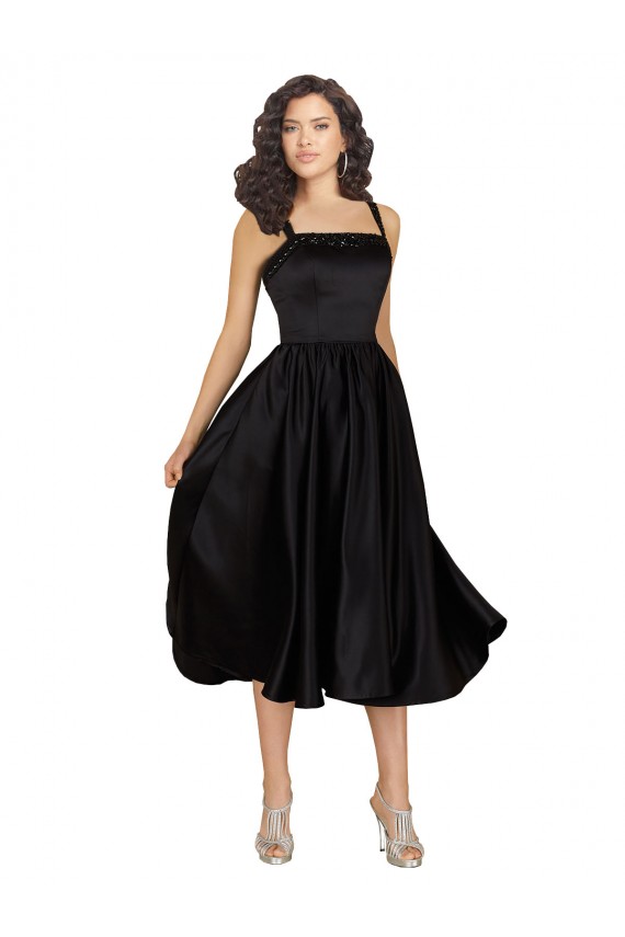 A-Line Square Neck Satin Knee Length Black Prom Dress Canada