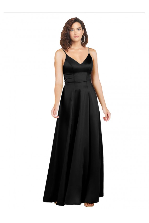 A-Line V-Neck Silk like Satin Long Black Sleeveless Prom Dress Canada
